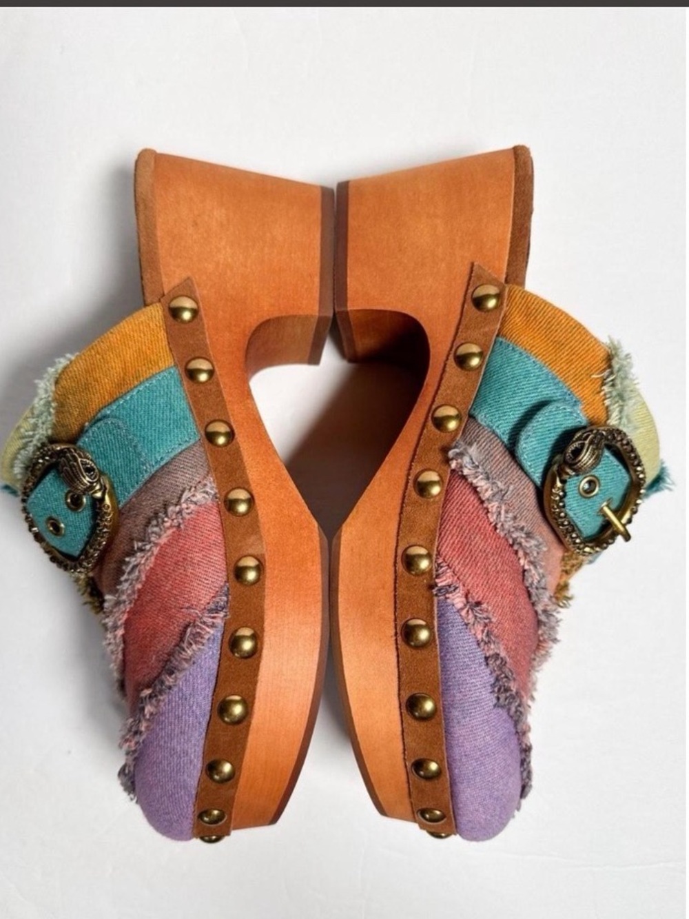 NIB Kurt Geiger Multicolor Frayed Denim Buckle Mules - Picture 7 of 8